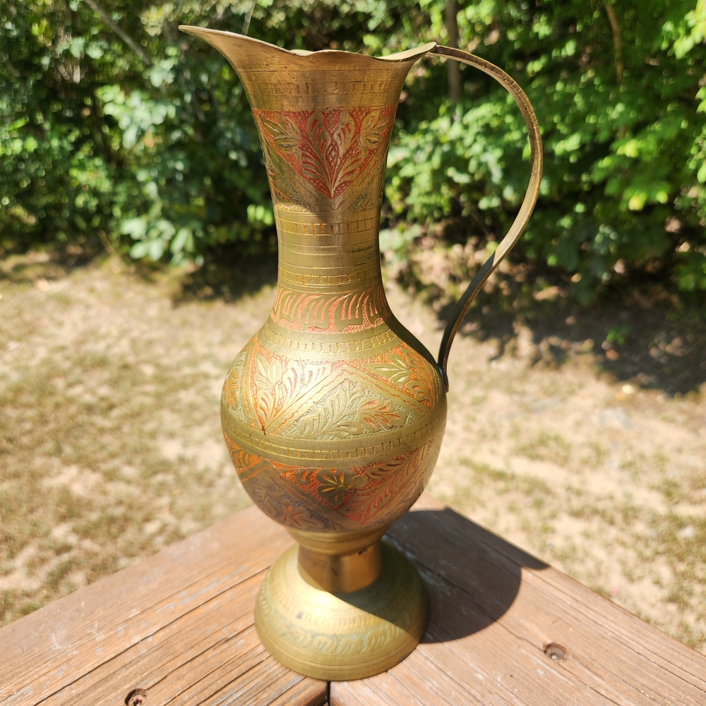 Vintage Etched Brass Pitcher with Intricate Etched Design Of Reds And Blues